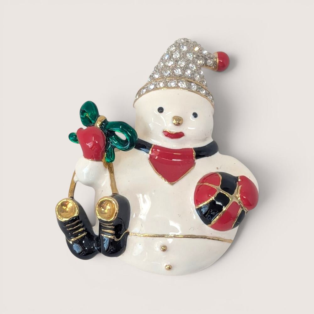 Vintage Enamel Snowman with Ice Skates Christmas Brooch